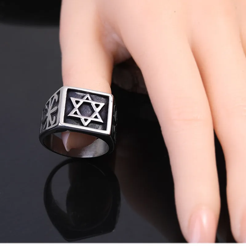 Wholesale Titanium Steel Hexagram Star Retro Stainless Steel Star Personalized Rings light_wish_jewels