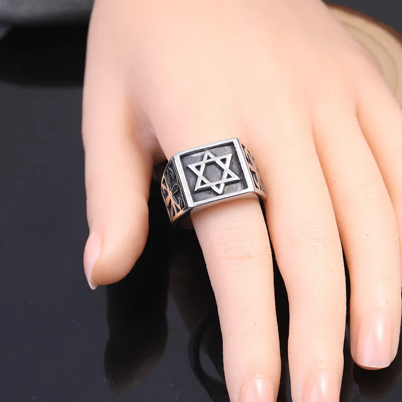 Wholesale Titanium Steel Hexagram Star Retro Stainless Steel Star Personalized Rings