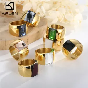 Wholesale Titanium Steel Multi-color Personality Simple Fashion Atmosphere Glass Wide Face Rings light_wish_jewels