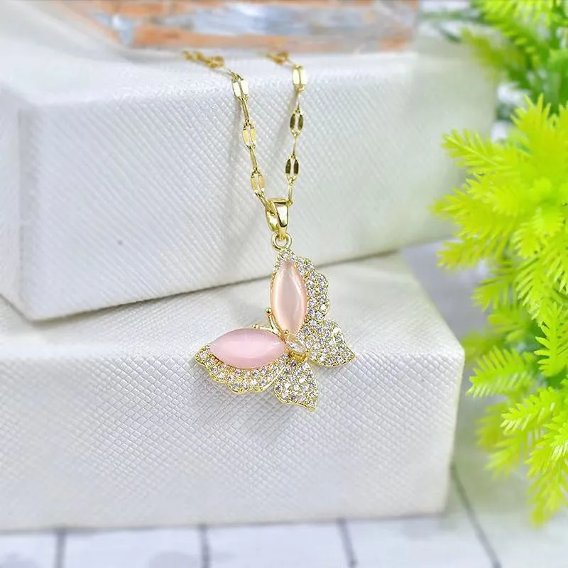 Wholesale Titanium Steel Rainbow Crystal Butterfly Necklaces