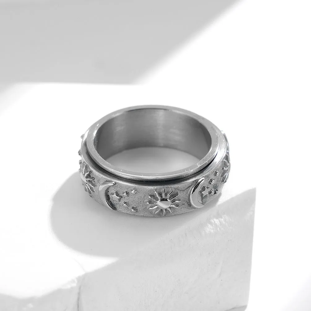 Wholesale Titanium Steel Ring Rotatable  Stress Relief Jewelry Star Moon Sun Design Fashion Accessory