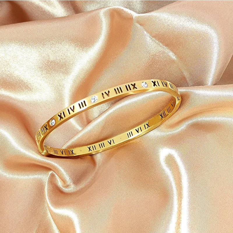 Wholesale Titanium Steel Roman Numeral Diamond Bangle light_wish_jewels