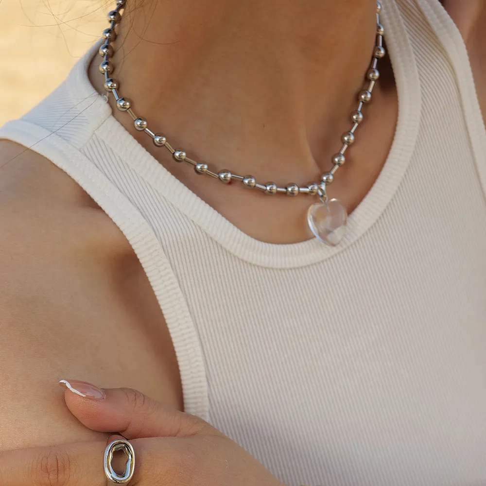 Wholesale Titanium Steel Round Bead Transparent Heart Pendant Necklace