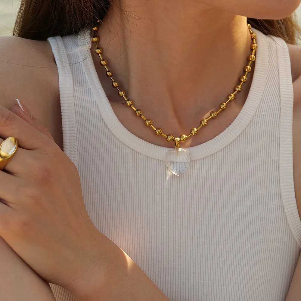 Wholesale Titanium Steel Round Bead Transparent Heart Pendant Necklace light_wish_jewels