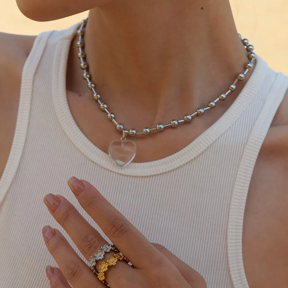 Wholesale Titanium Steel Round Bead Transparent Heart Pendant Necklace