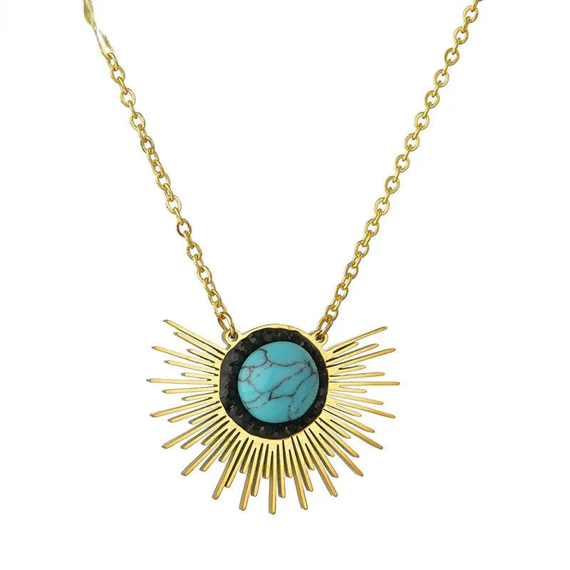 Wholesale Titanium Steel Sunflower Turquoise Pendant Necklace