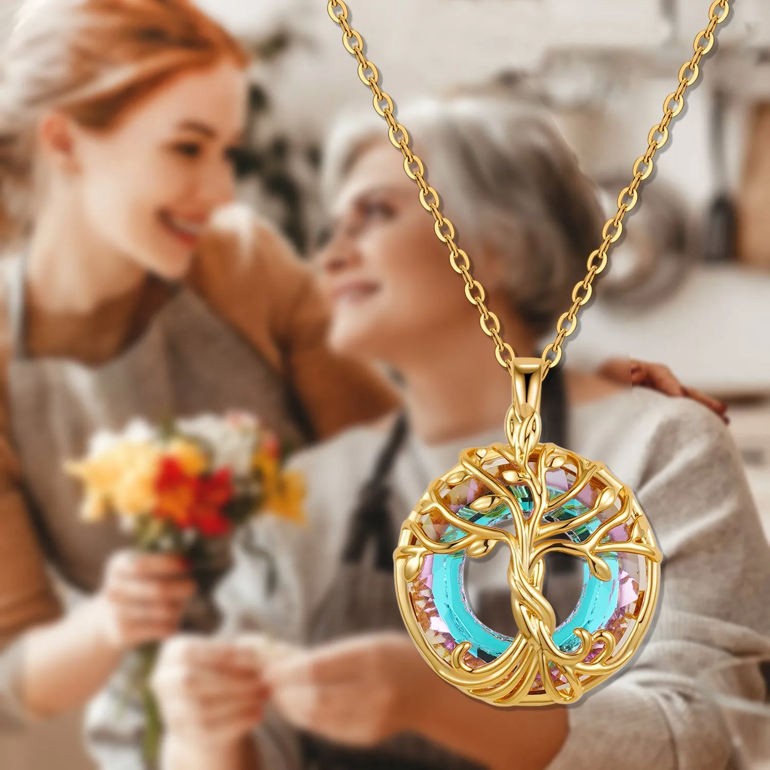 Wholesale Tree of Life Colored Crystal Round Necklace Collarbone Chain