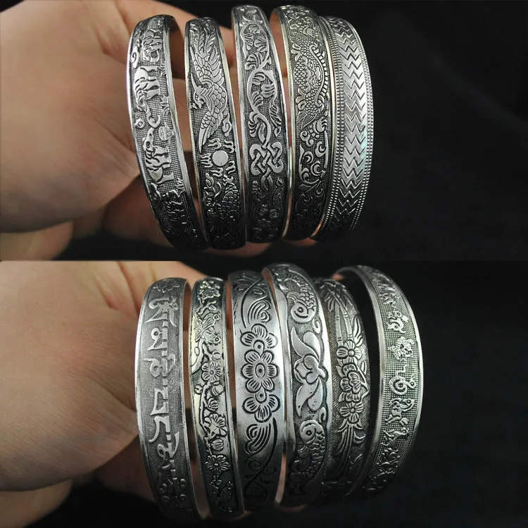 Wholesale Vintage elephant carved open women's dragon and phoenix bracelet ethnic style Tibetan silver bracelet Miao silver bracelet light_wish_jewels