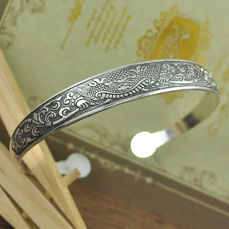 Wholesale Vintage elephant carved open women's dragon and phoenix bracelet ethnic style Tibetan silver bracelet Miao silver bracelet