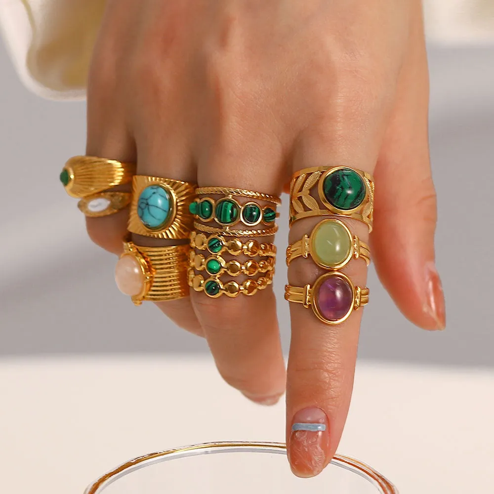 Wholesale Vintage Natural Stone All-match Gemstone Titanium Steel Open Ring light_wish_jewels