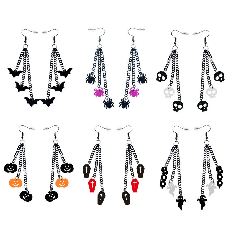 Wholesale Wholesale Halloween Acrylic Black Chain Bat Skeleton Spider Pumpkin Coffin BOO Ghost Earrings
