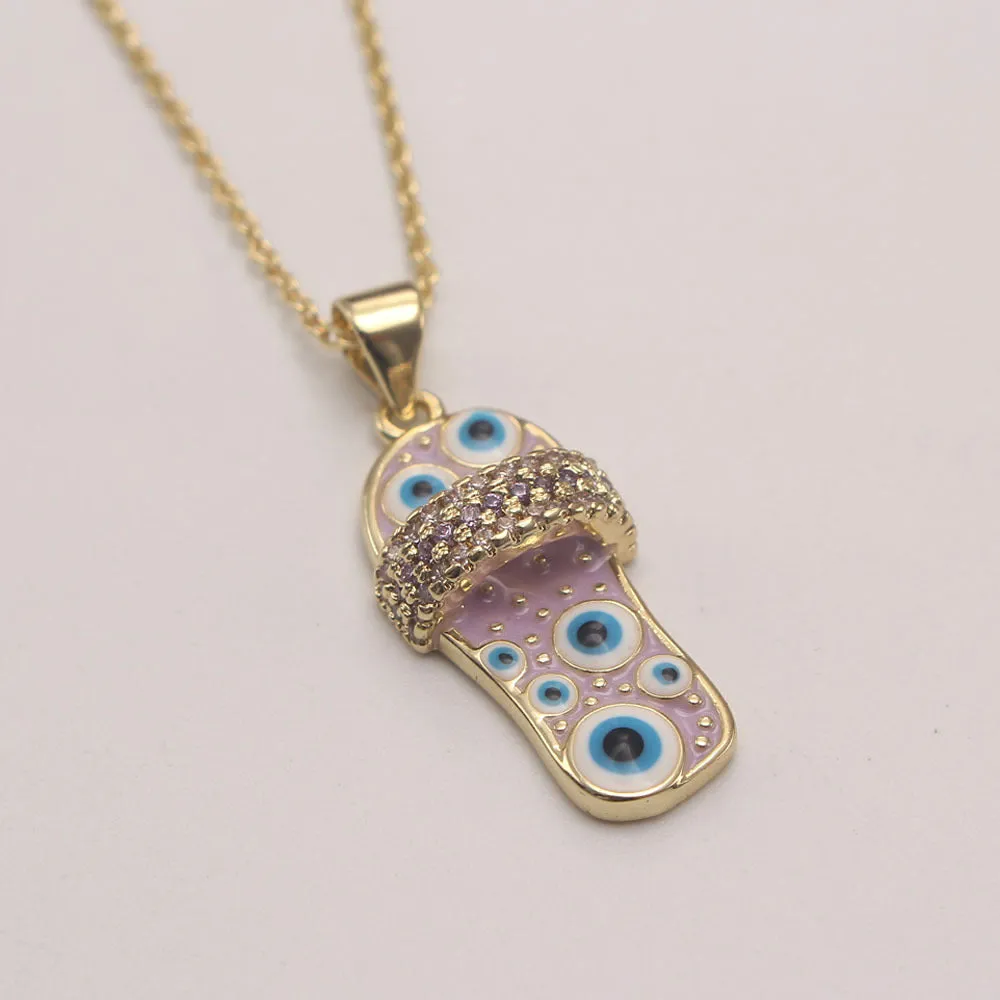 Wholesale Zirconium Oil Dripping Summer Slippers 18K Copper Plated Real Gold Necklace