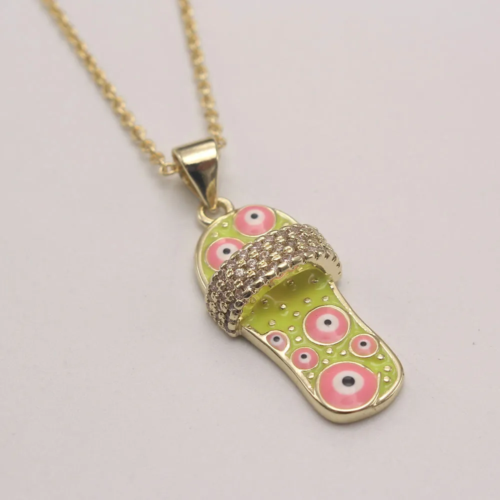 Wholesale Zirconium Oil Dripping Summer Slippers 18K Copper Plated Real Gold Necklace