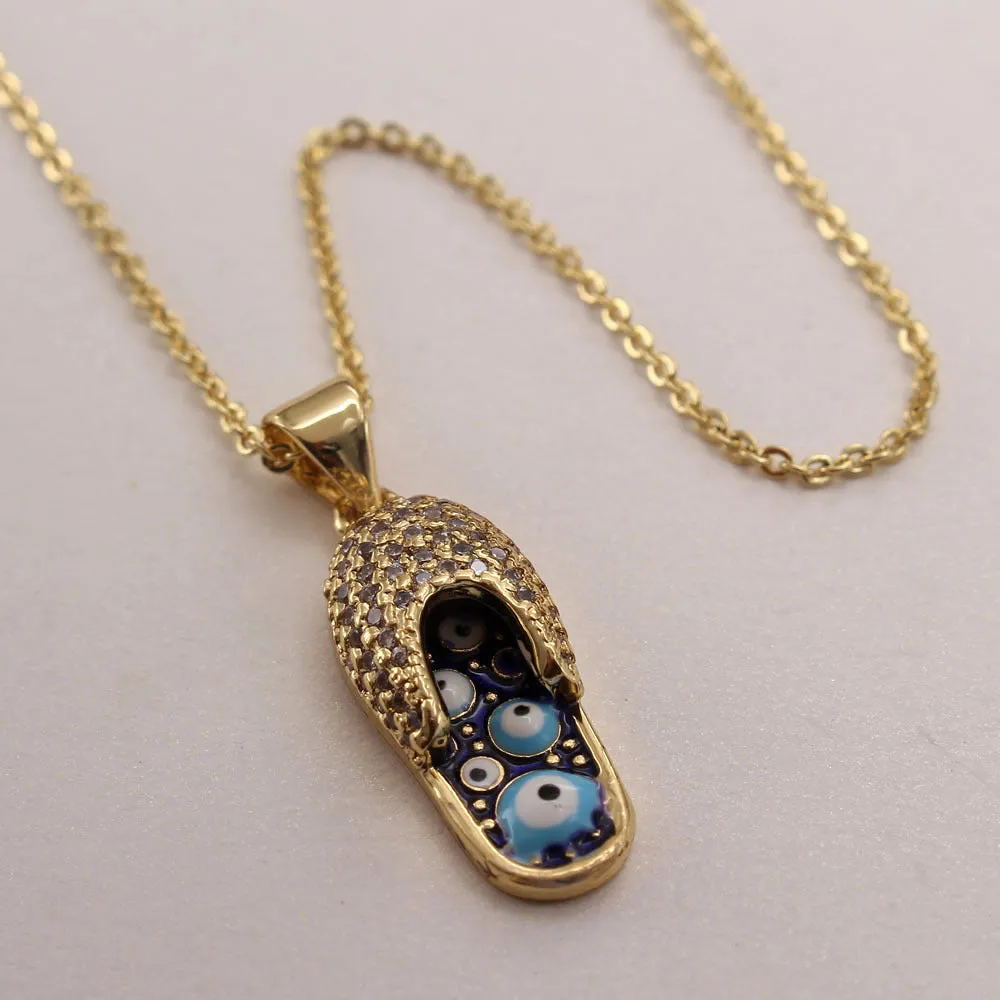 Wholesale Zirconium Oil Dripping Summer Slippers 18K Copper Plated Real Gold Necklace