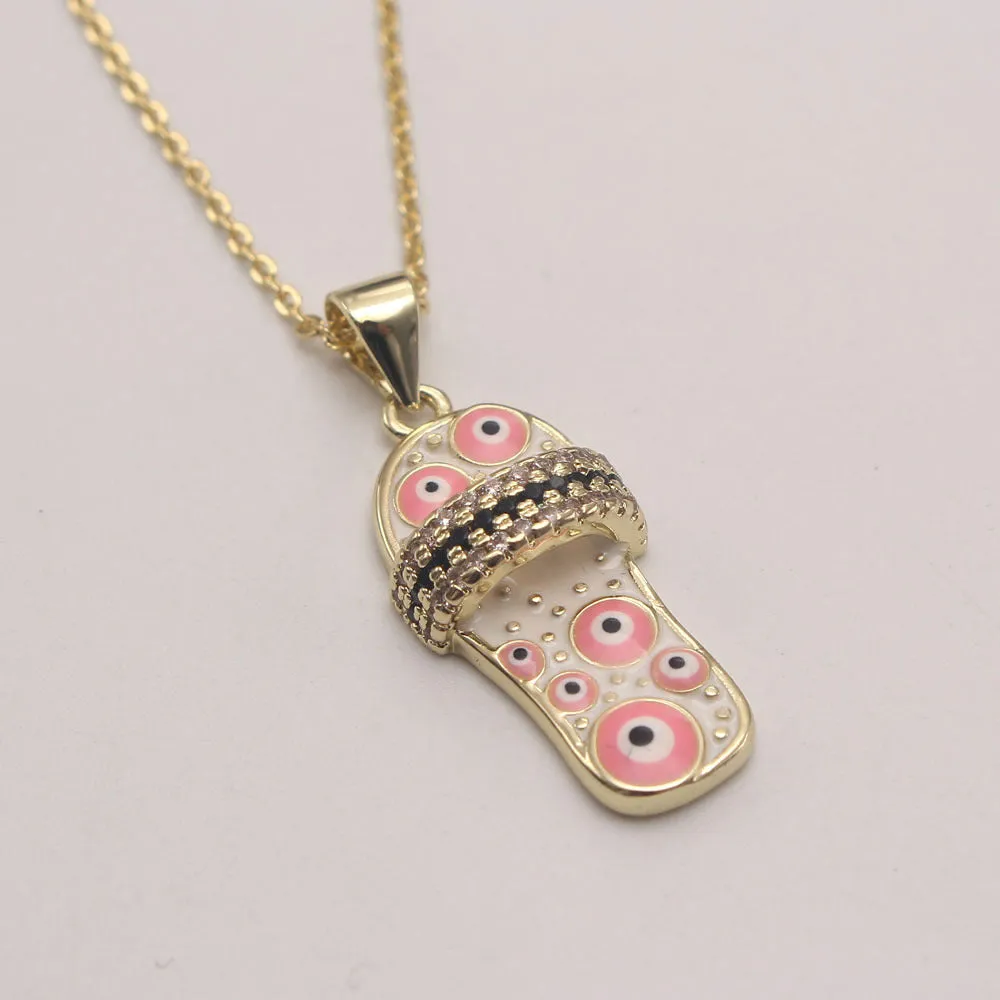 Wholesale Zirconium Oil Dripping Summer Slippers 18K Copper Plated Real Gold Necklace