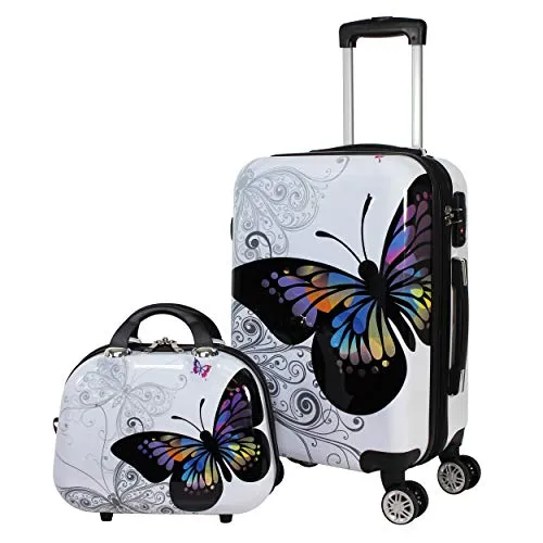 World Traveler Black and White Butterfly 2-Piece Carry-on Spinner Luggage Set mega luggage savings