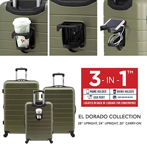 Wrangler Smart Luggage Set with Cup Holder and USB Port, Olive Green, 3 Piece