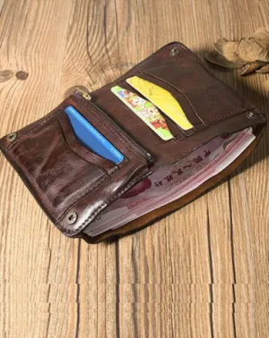 Wrinkled Leather Mens Brown billfold Wallet on sale Front Pocket Leather Black Bifold Wallet on sale Small Wallets on sale for Men