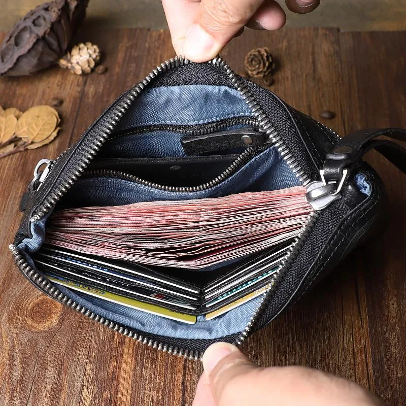Wrinkled Leather Mens Cool Long Leather Blue Wallet Zipper Clutch Wristlet Wallet for Men