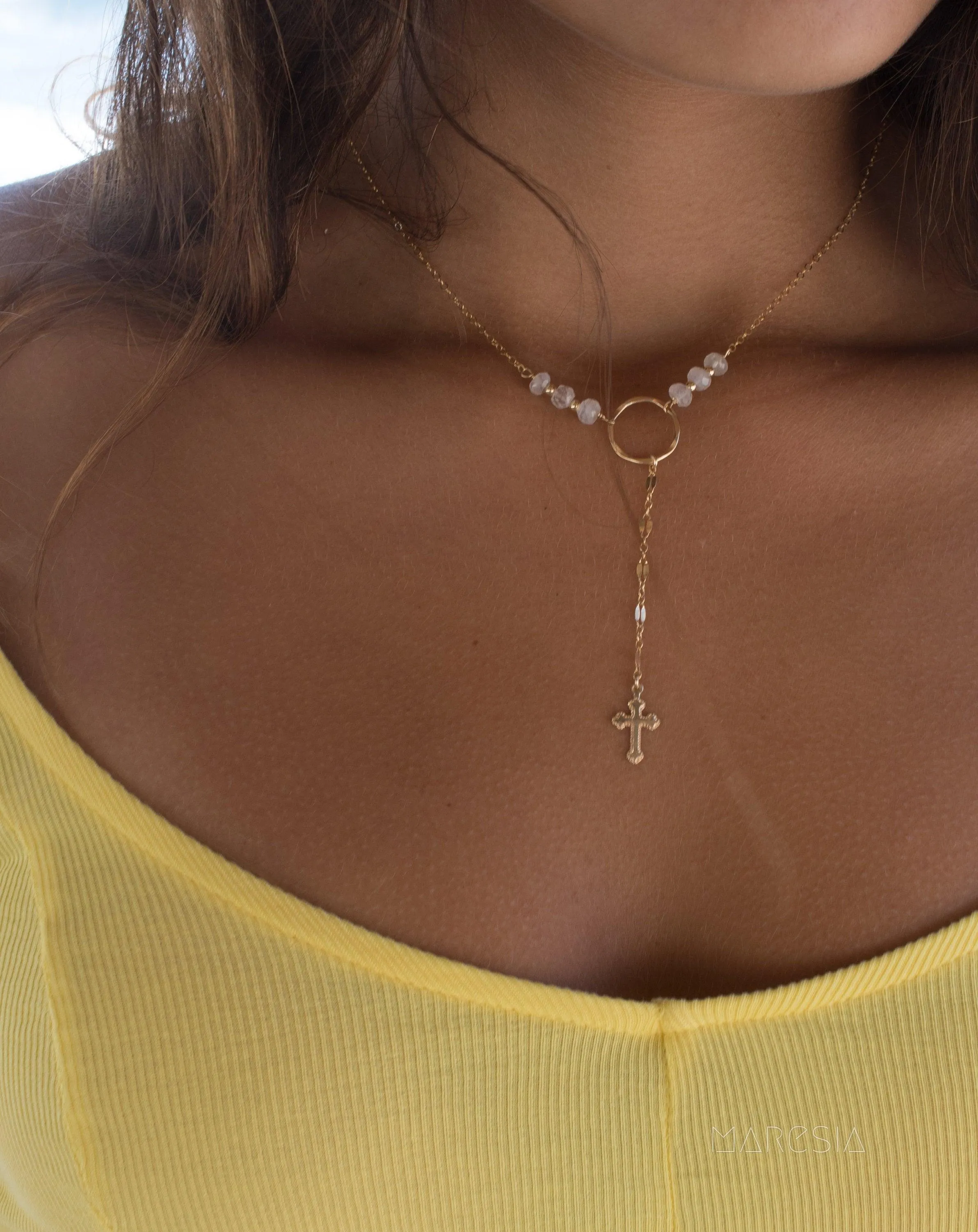 Y necklace Moonstone Cross ~ Gold Filled ~ MN027