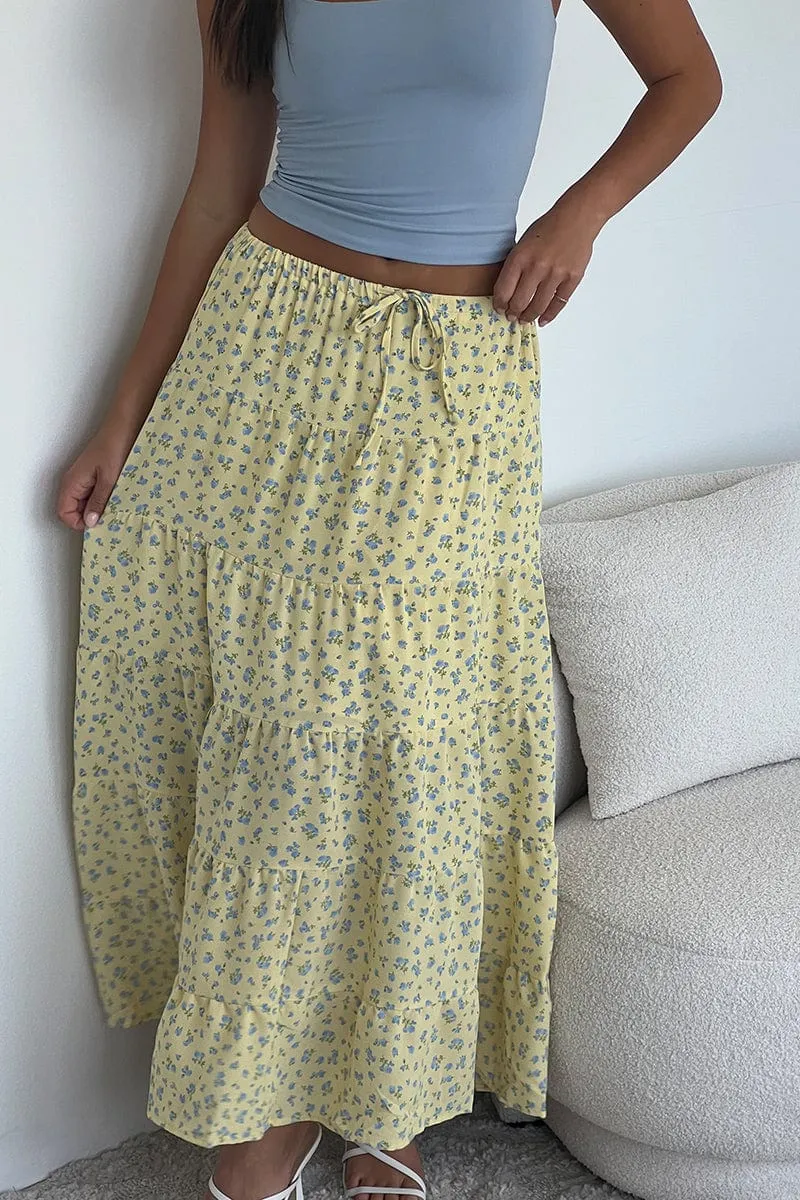 Yellow Ditsy Maxi Skirt Tiered High Rise,skirt,denim skirt,mini skirt,maxi skirt,jean skirt,skort,tennis skirt,pleated skirt,pencil skirt,bubble skirt,plisse skirt,fitted skirt,midi skirt,short skirt,short mini skirt,leather skirt,a line skirt