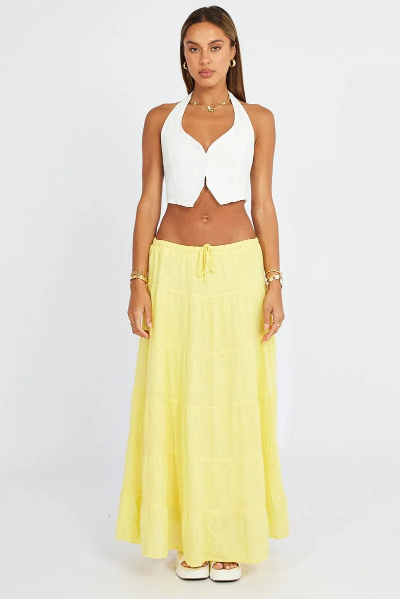 Yellow Maxi Skirt Tiered High Rise Linen Blend,skirt,denim skirt,mini skirt,maxi skirt,jean skirt,skort,tennis skirt,pleated skirt,pencil skirt,bubble skirt,plisse skirt,fitted skirt,midi skirt,short skirt,short mini skirt,leather skirt,a line skirt,Split 