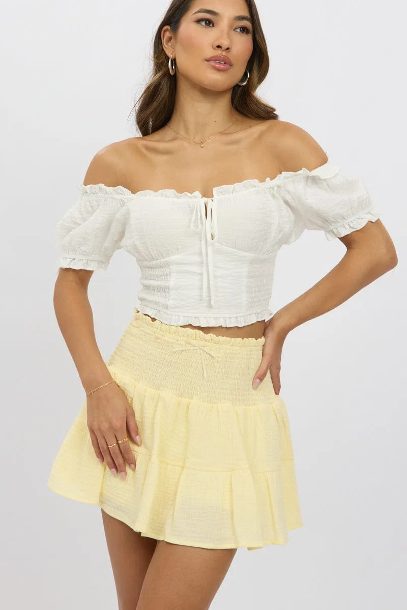 Yellow Mini Skort Skirt Shirred Waist Cotton Textured Lined,skirt,denim skirt,mini skirt,maxi skirt,jean skirt,skort,tennis skirt,pleated skirt,pencil skirt,bubble skirt,plisse skirt,fitted skirt,midi skirt,short skirt,short mini skirt,leather skirt,a line