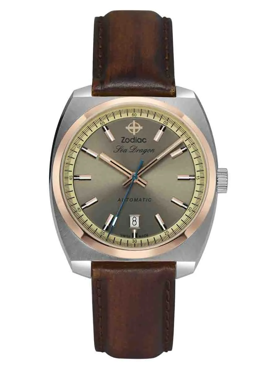 Zodiac SEA DRAGON Automatic Brown Leather Mens Watch ZO9911 Affordable Leather Watch Leather Watch Discount