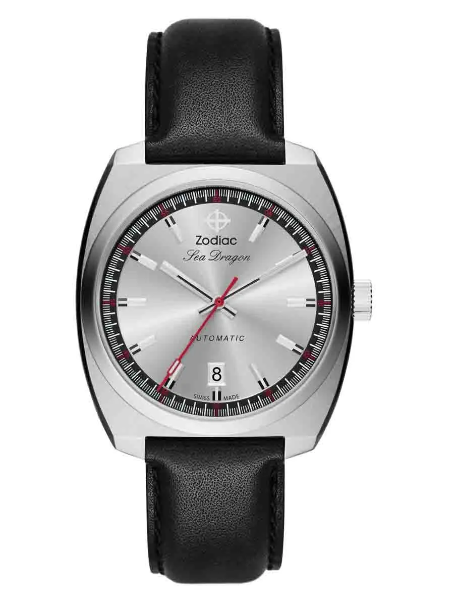 Zodiac SEA DRAGON Automatic Silver Black Leather Mens Watch ZO9906 Affordable Leather Watch Leather Watch Discount